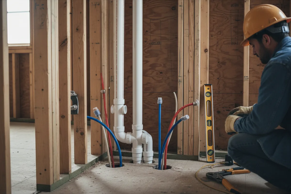 Drain and supply rough-in during Sump Pump Repair in Depauw