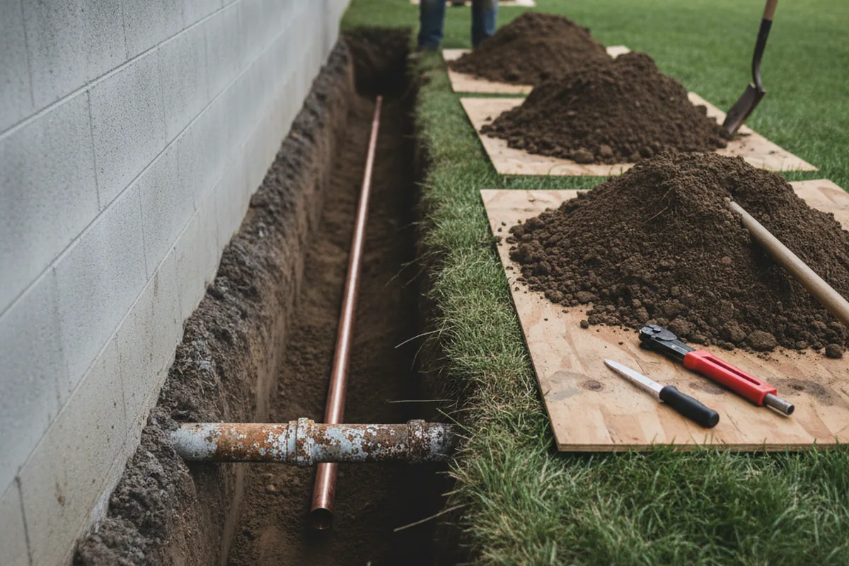 Excavated water line trench during Water Heater Repair in Depauw